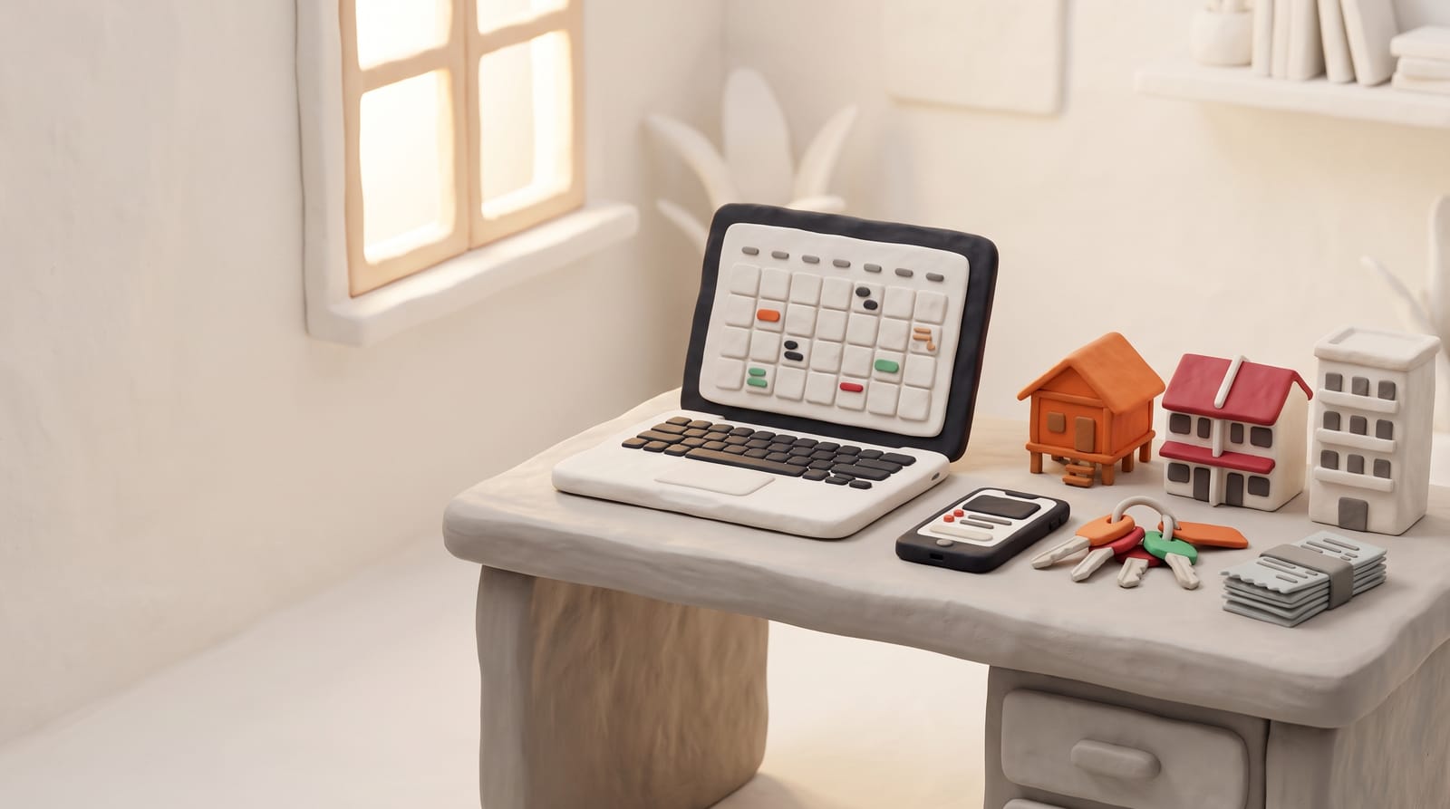 Meja operator homestay dengan laptop menunjukkan kalendar, kunci rumah, resit dan tiga model rumah kecil
