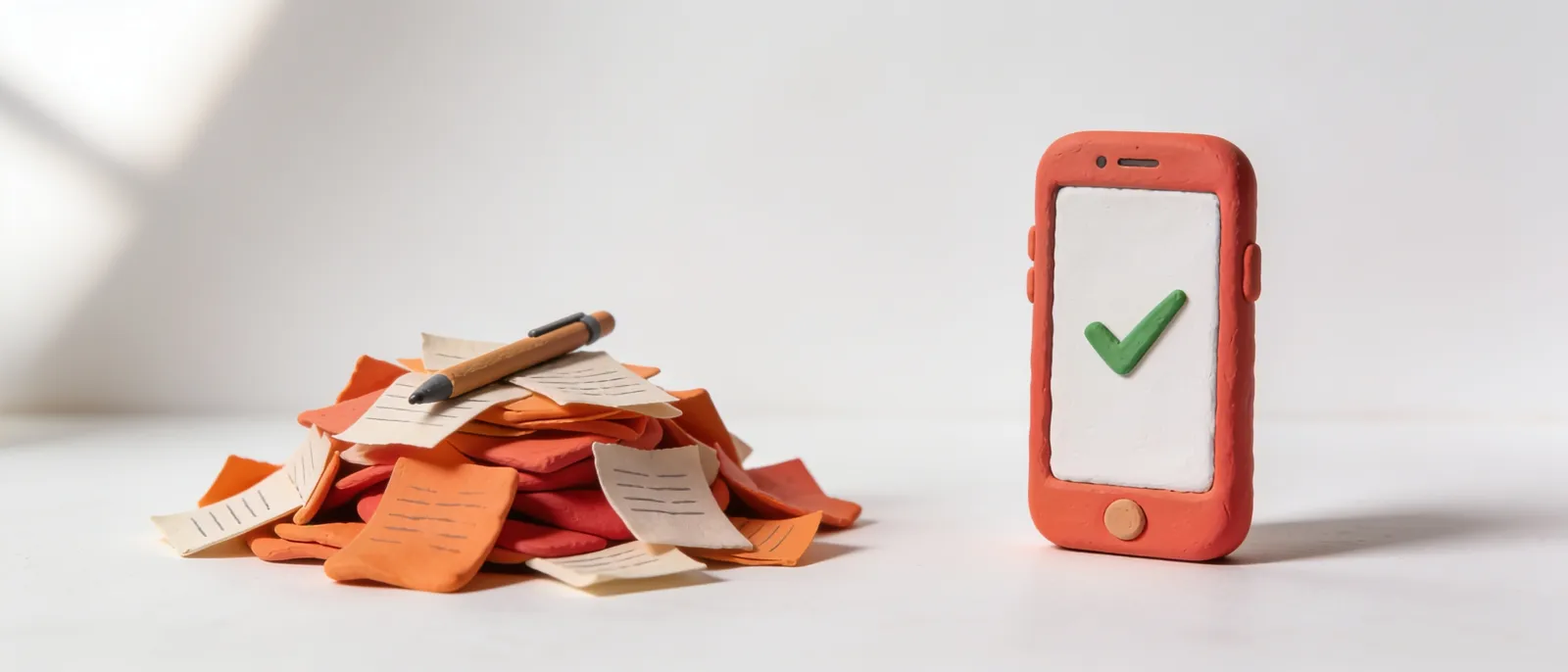 Timbunan kertas berselerak di kiri, dan telefon dengan tanda betul di kanan